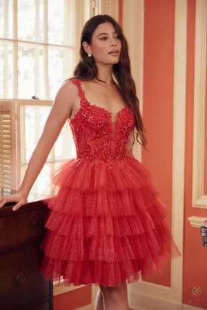 N E904 - Short Shimmer Tulle A-Line Homecoming Dress with Sheer Bead Embellished Bodice Open Lace Up Back & Layered Ruffle Skirt
