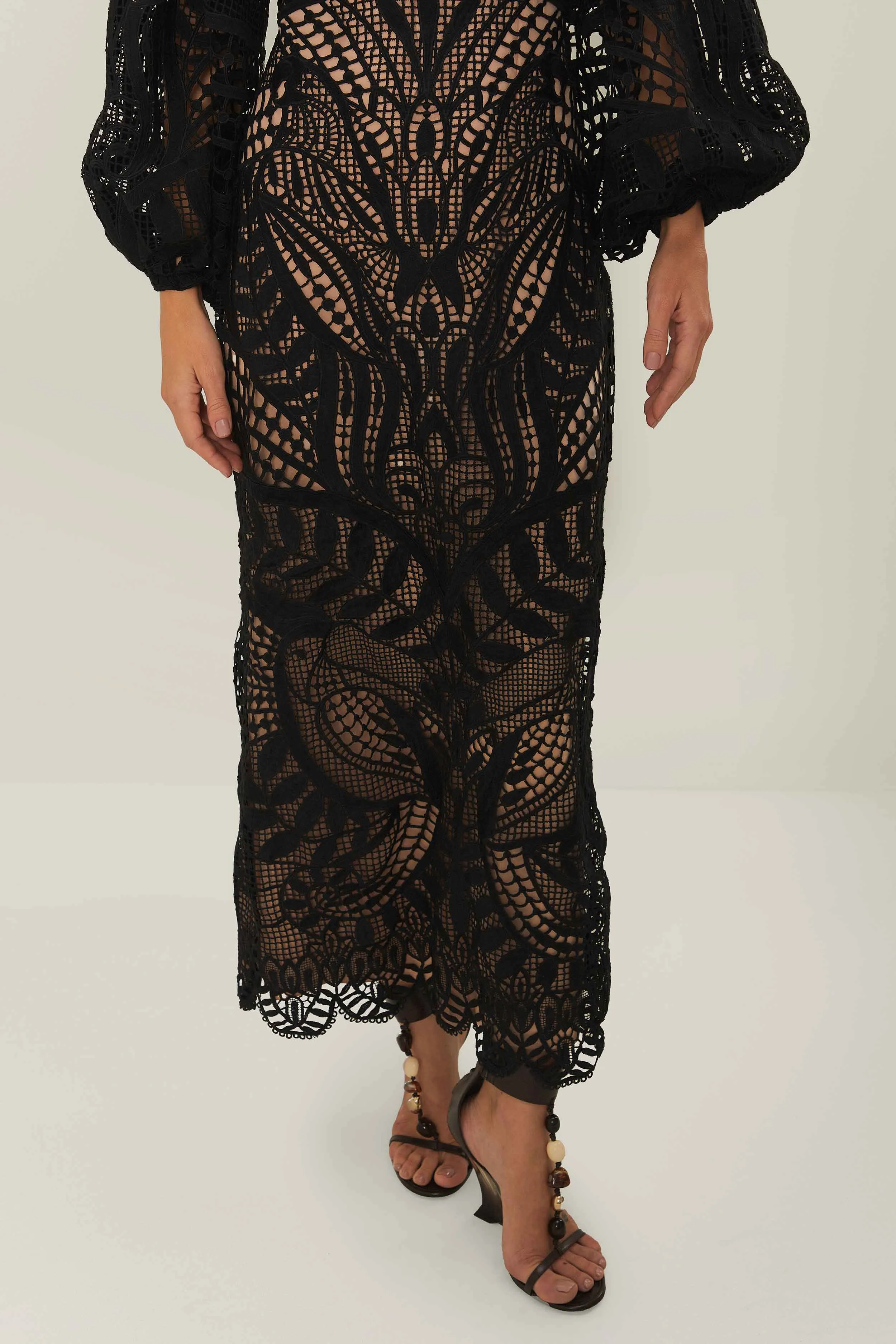 Nature Guipure Midi Dress in Black