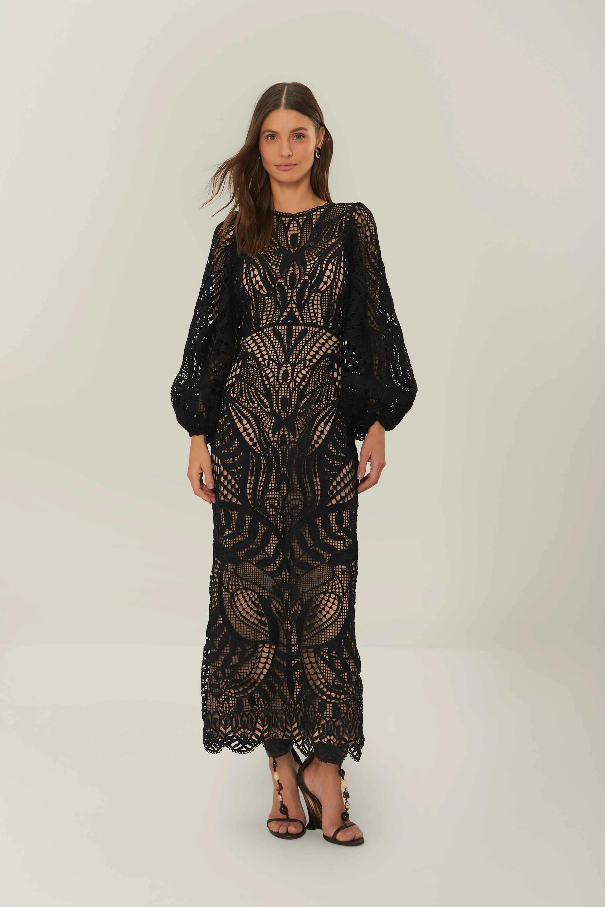 Nature Guipure Midi Dress in Black