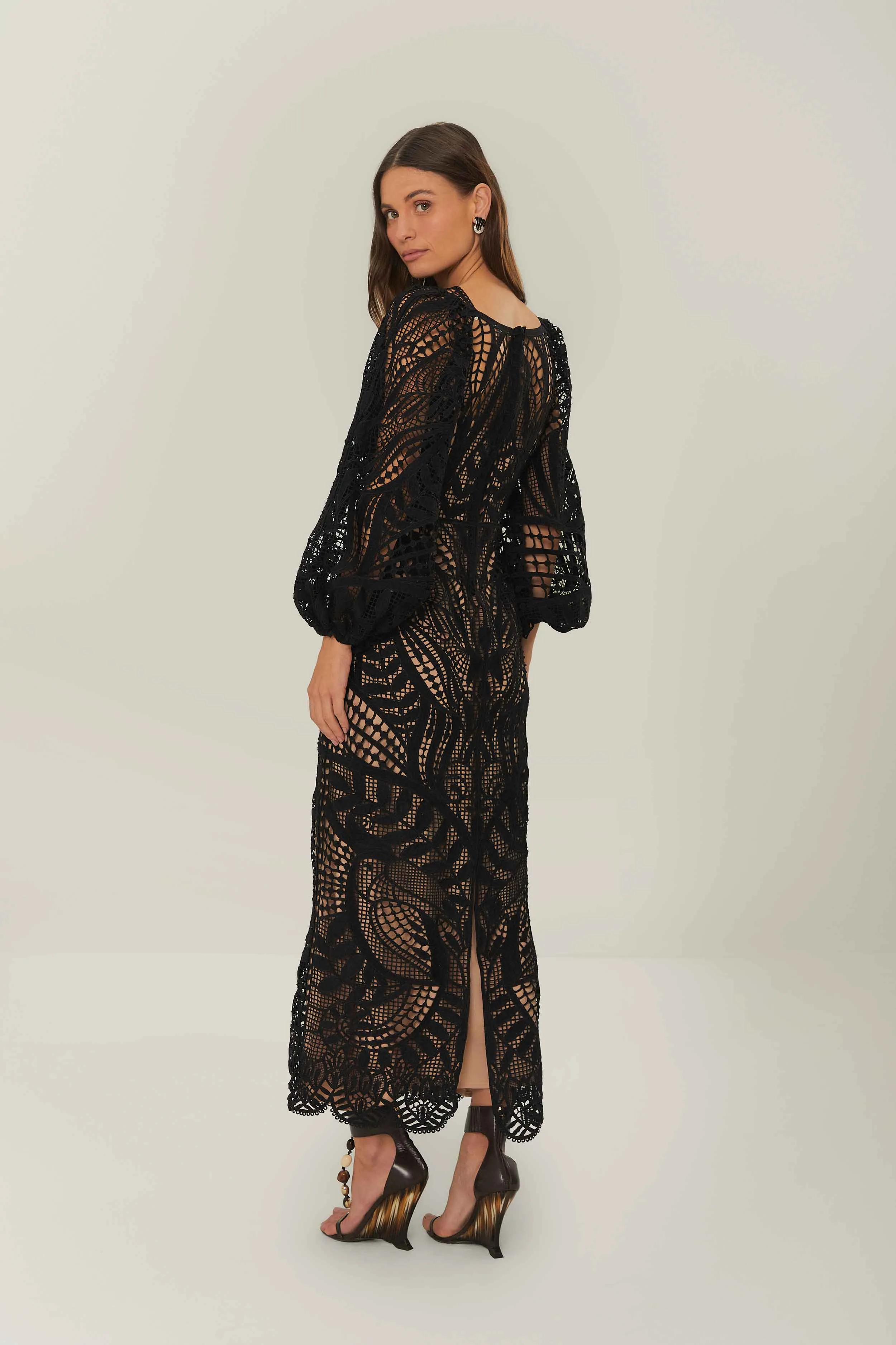 Nature Guipure Midi Dress in Black