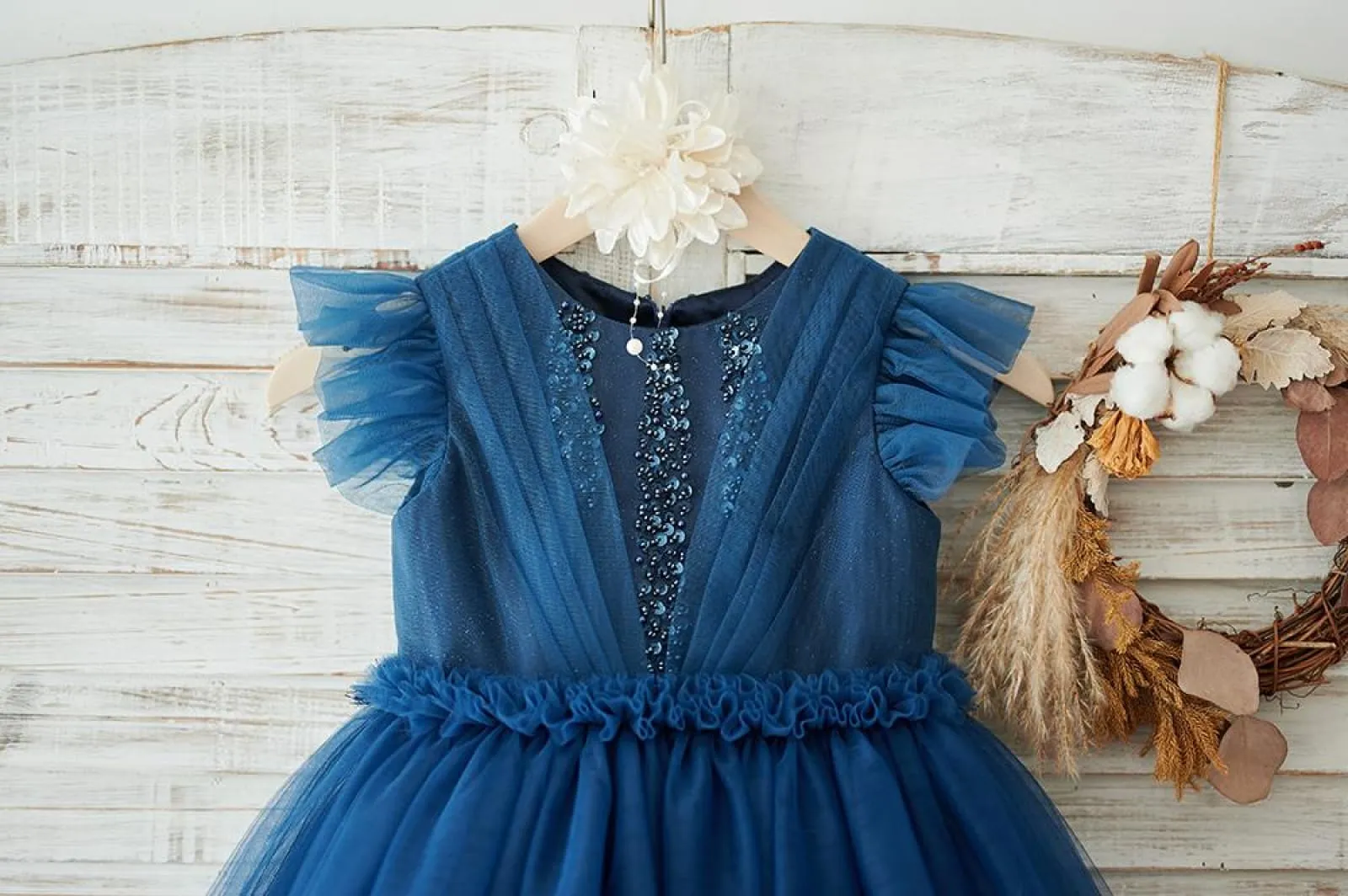 Navy Blue Glitter Tulle Cap Sleeves Beaded Wedding Flower Girl Dress