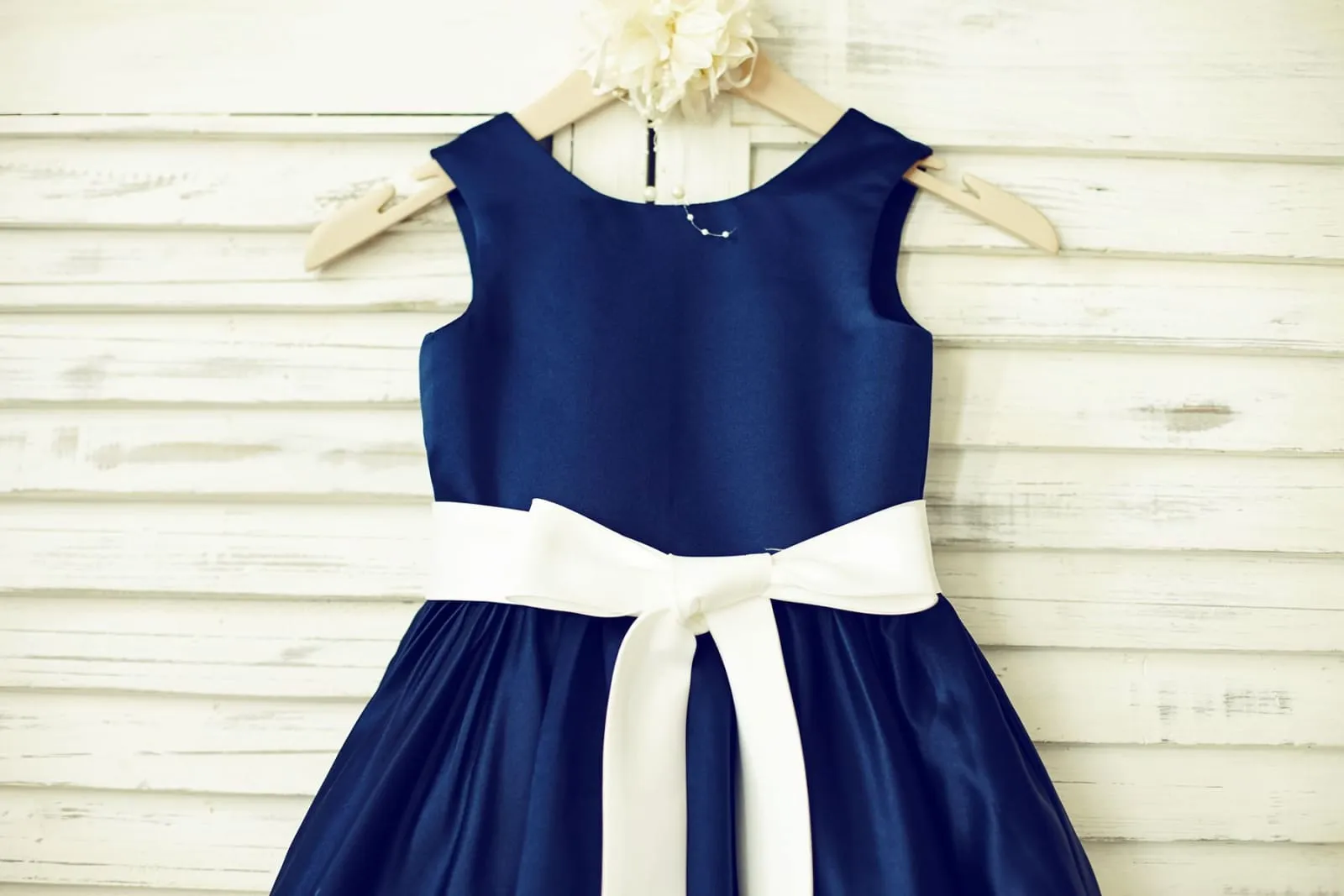 Navy Blue Satin Ivory Stripes Flower Girl Dress, Belt