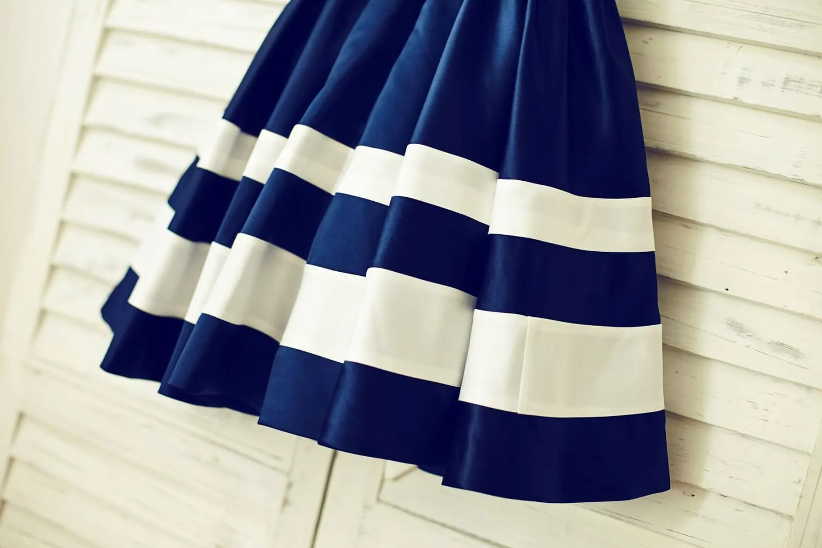Navy Blue Satin Ivory Stripes Flower Girl Dress, Belt
