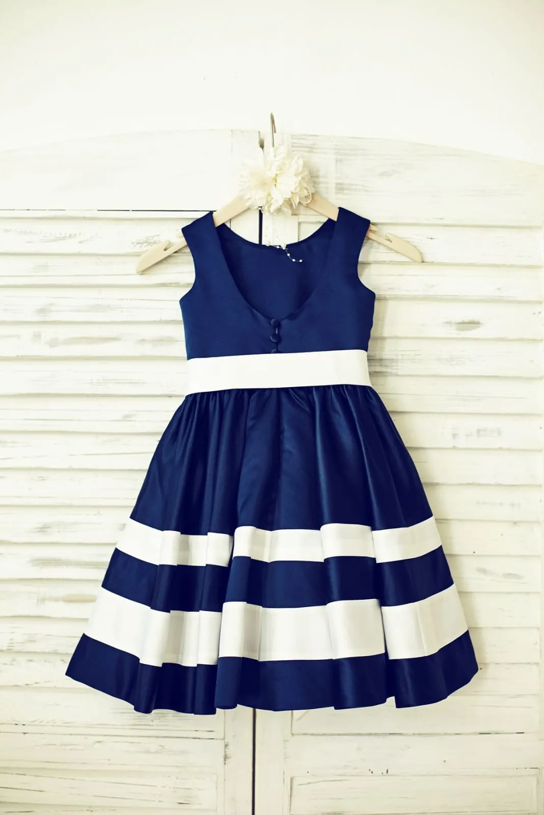 Navy Blue Satin Ivory Stripes Flower Girl Dress, Belt
