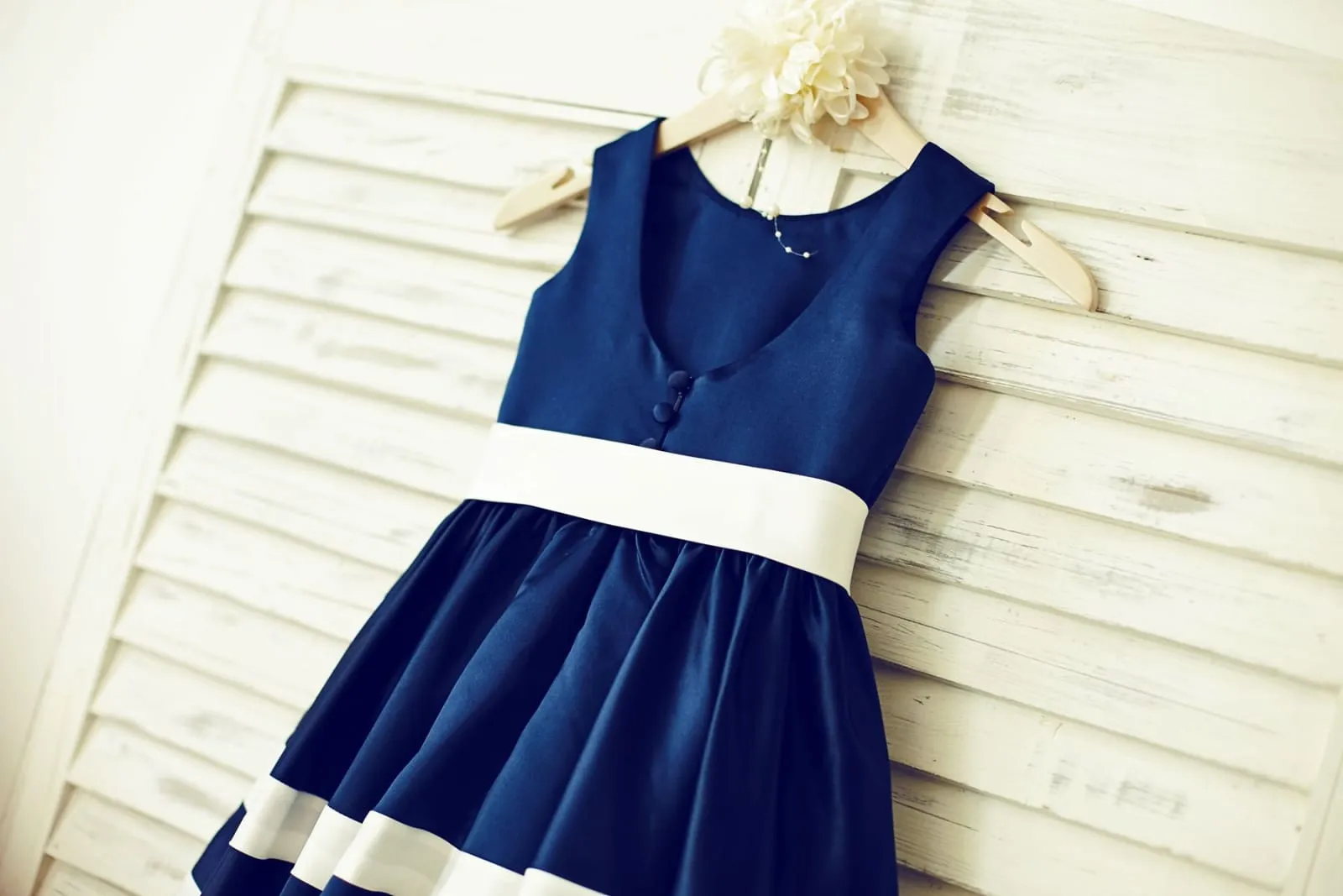 Navy Blue Satin Ivory Stripes Flower Girl Dress, Belt