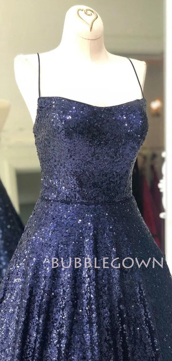 Navy Blue Sequin A-Line Spaghetti Straps Backless Long Evening Prom Dresses, Cheap Custom Prom Dresses, MR7392
