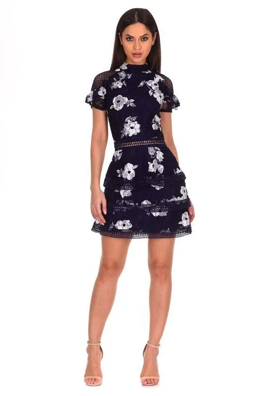 Navy Flower Detail Lace Dress