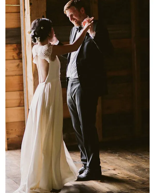 New A-Line V-Neck Short Sleeve Sweep Train Open Back Chiffon Beach Wedding Dress with Lace
