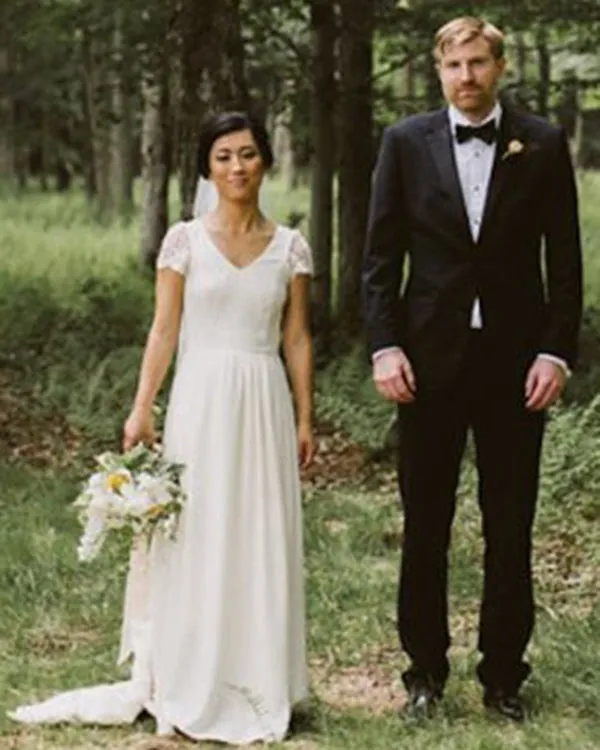 New A-Line V-Neck Short Sleeve Sweep Train Open Back Chiffon Beach Wedding Dress with Lace