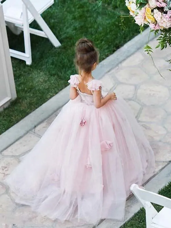 New Arrival Spaghetti Strap Pink Tulle Long Cheap Ball Gown Flower Girl Dresses, FGS0008