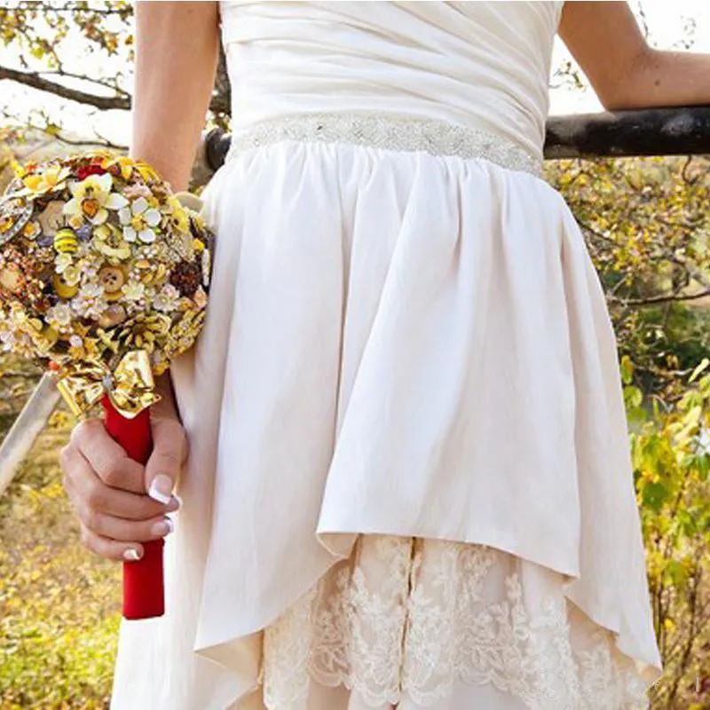 New High Low Wedding Dress with Removable Beaded Sash Satin Lace Bridal Gowns