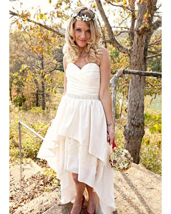 New High Low Wedding Dress with Removable Beaded Sash Satin Lace Bridal Gowns