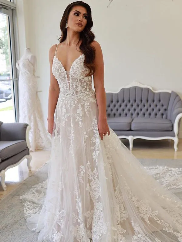 Newest V-neck A-line Lace Appliques Long Wedding Dresses. WDS0109