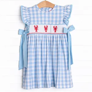 Off Land Lobster Smocked Side Tie Dress, Blue