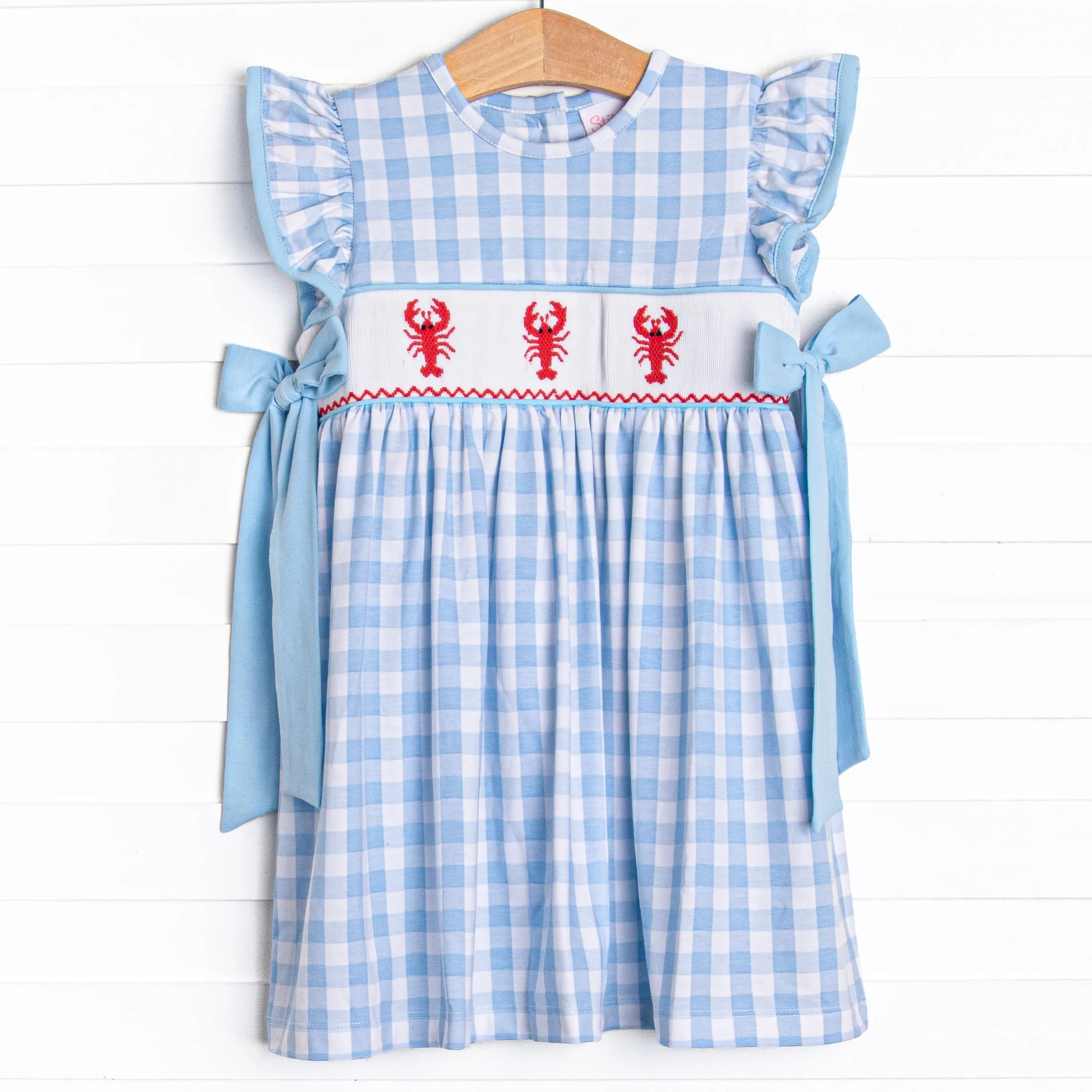 Off Land Lobster Smocked Side Tie Dress, Blue