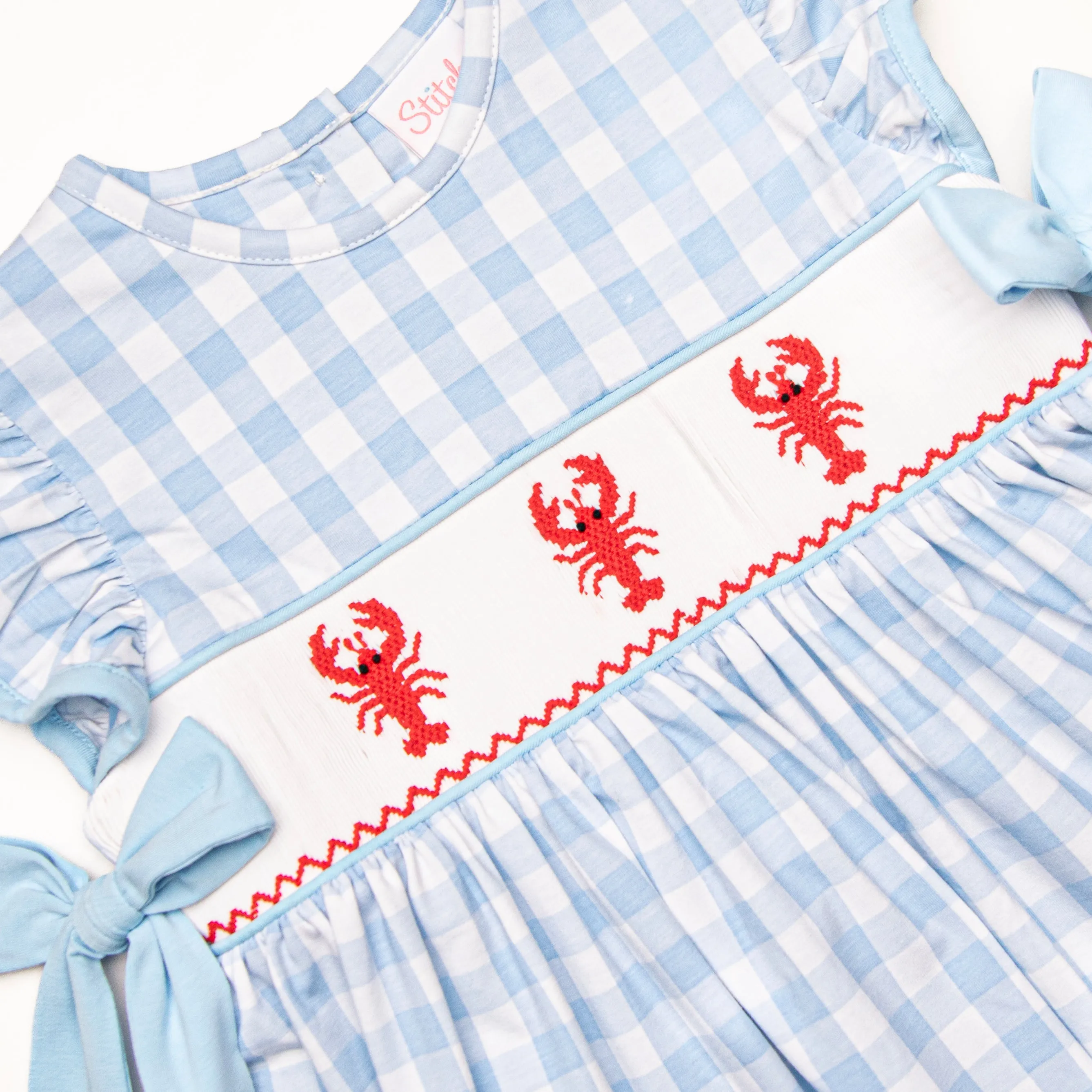 Off Land Lobster Smocked Side Tie Dress, Blue