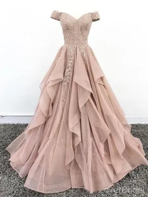 Off Shoulder Champagne Lace Long Prom, Off the Shoulder Champagne Formal, Champagne Lace Evening