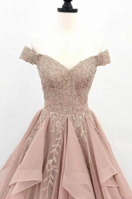 Off Shoulder Champagne Lace Long Prom, Off the Shoulder Champagne Formal, Champagne Lace Evening