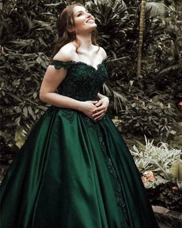 Off The Shoulder 2018 Dark Green Satin Quinceanera Dresses with Lace Appliques Sweet 16 Dress vestidos de quinceañera