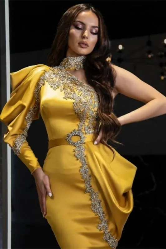 One Puffy Sleeves Shinny Crystals Mermaid Prom Dress