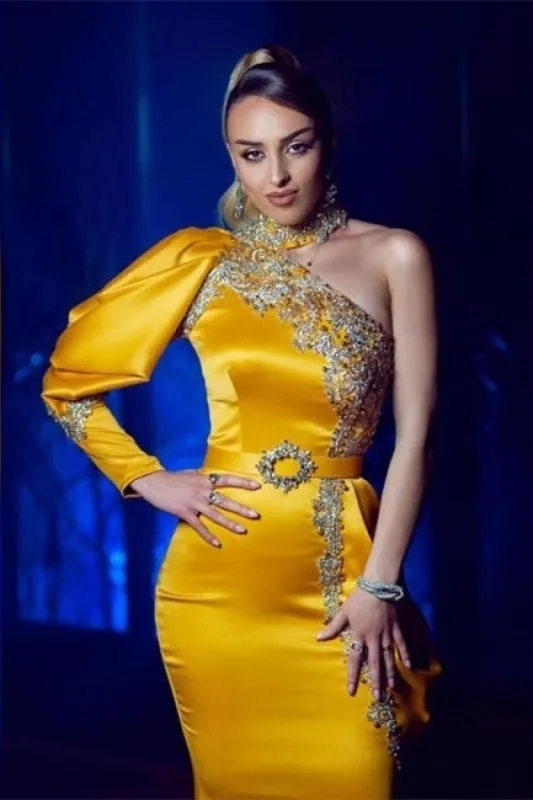 One Puffy Sleeves Shinny Crystals Mermaid Prom Dress