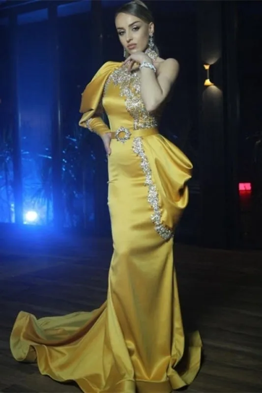One Puffy Sleeves Shinny Crystals Mermaid Prom Dress