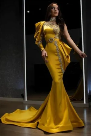 One Puffy Sleeves Shinny Crystals Mermaid Prom Dress