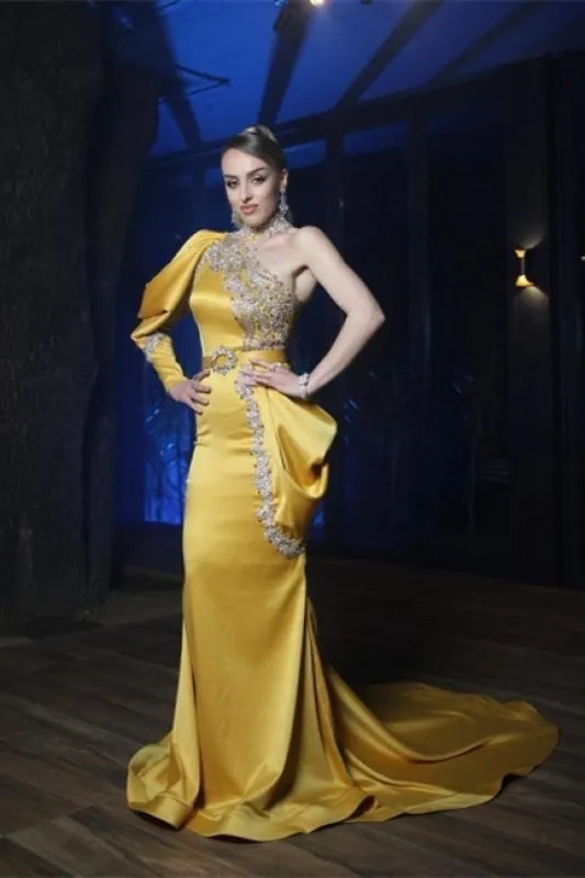 One Puffy Sleeves Shinny Crystals Mermaid Prom Dress