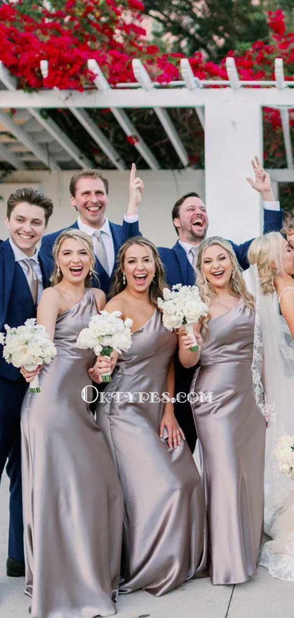 One Shoulder Elegant Grey Elastis Silk Mermaid Long Cheap Bridesmaid Dresses, BDS0067