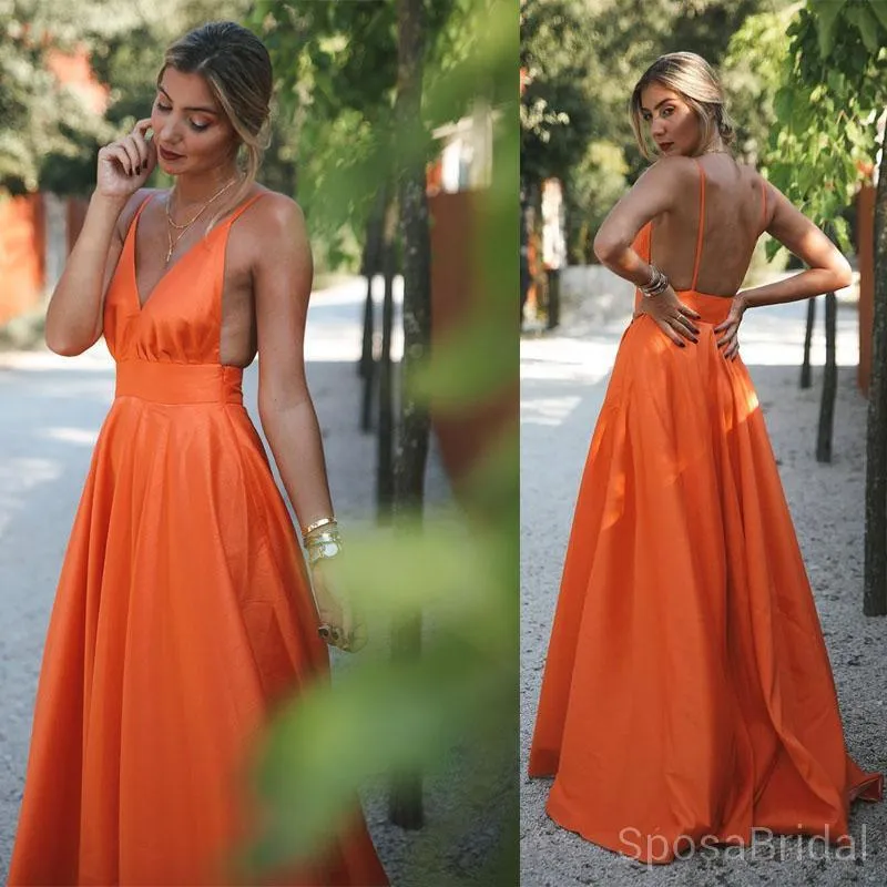Orange Charming Cheap Modest Spaghetti Strap Pretty Long Prom Dresses, PD1266