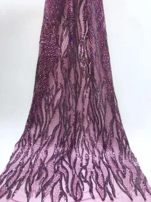 Orchid Colored Gold Line Sequined Beautiful Designed Transparent English Silk Cord Laces