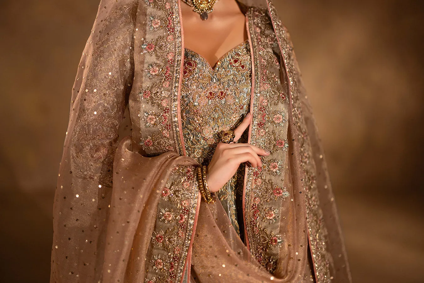 Pakistani Bridal Dress in Tissue Pishwas Lehenga Style