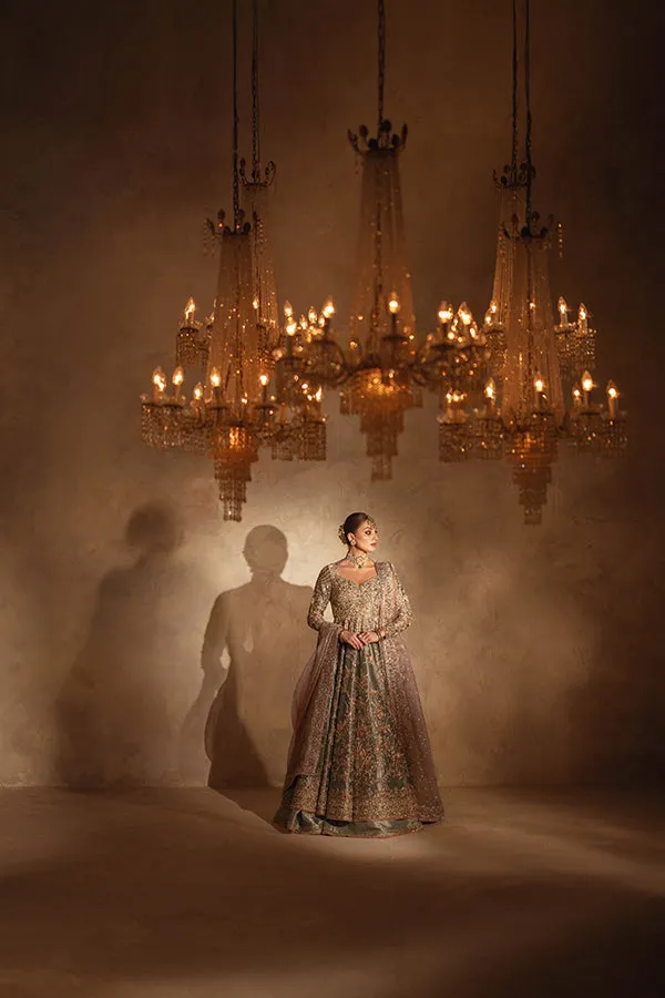 Pakistani Bridal Dress in Tissue Pishwas Lehenga Style