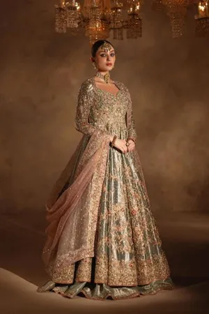 Pakistani Bridal Dress in Tissue Pishwas Lehenga Style