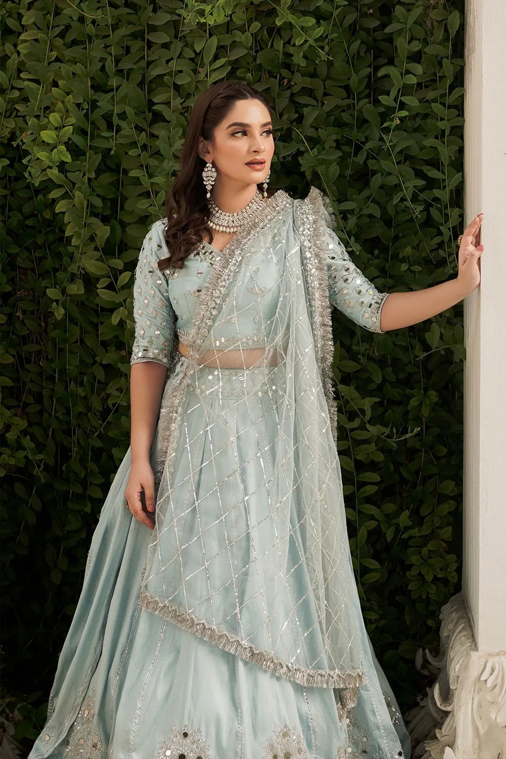 Pakistani Bridal Ice Blue Lehenga Choli Dupatta Dress