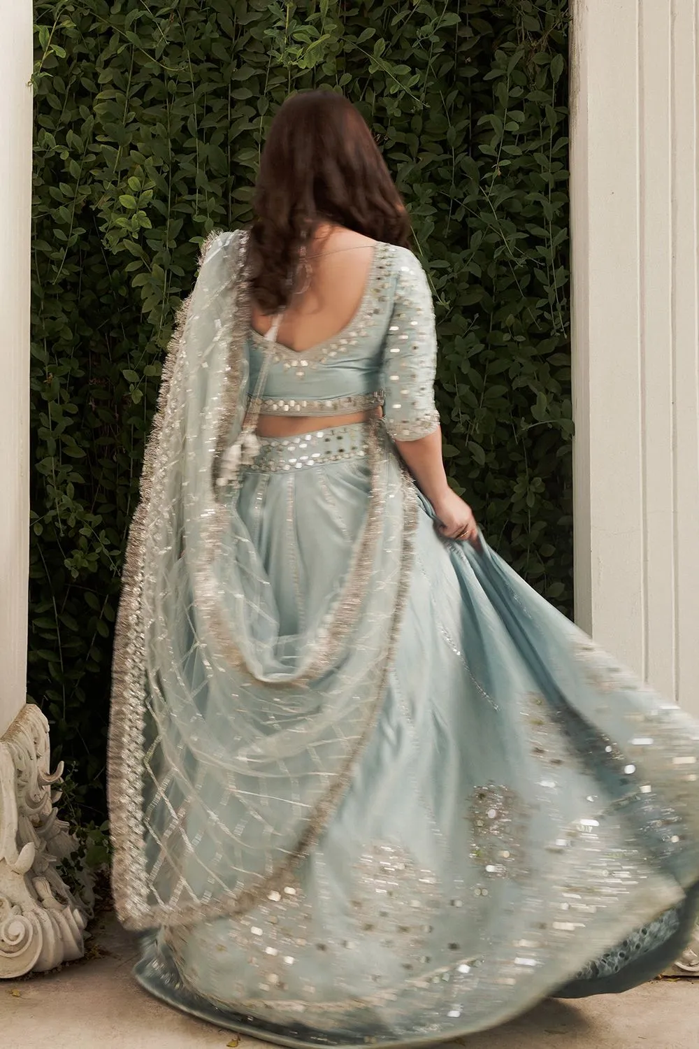 Pakistani Bridal Ice Blue Lehenga Choli Dupatta Dress