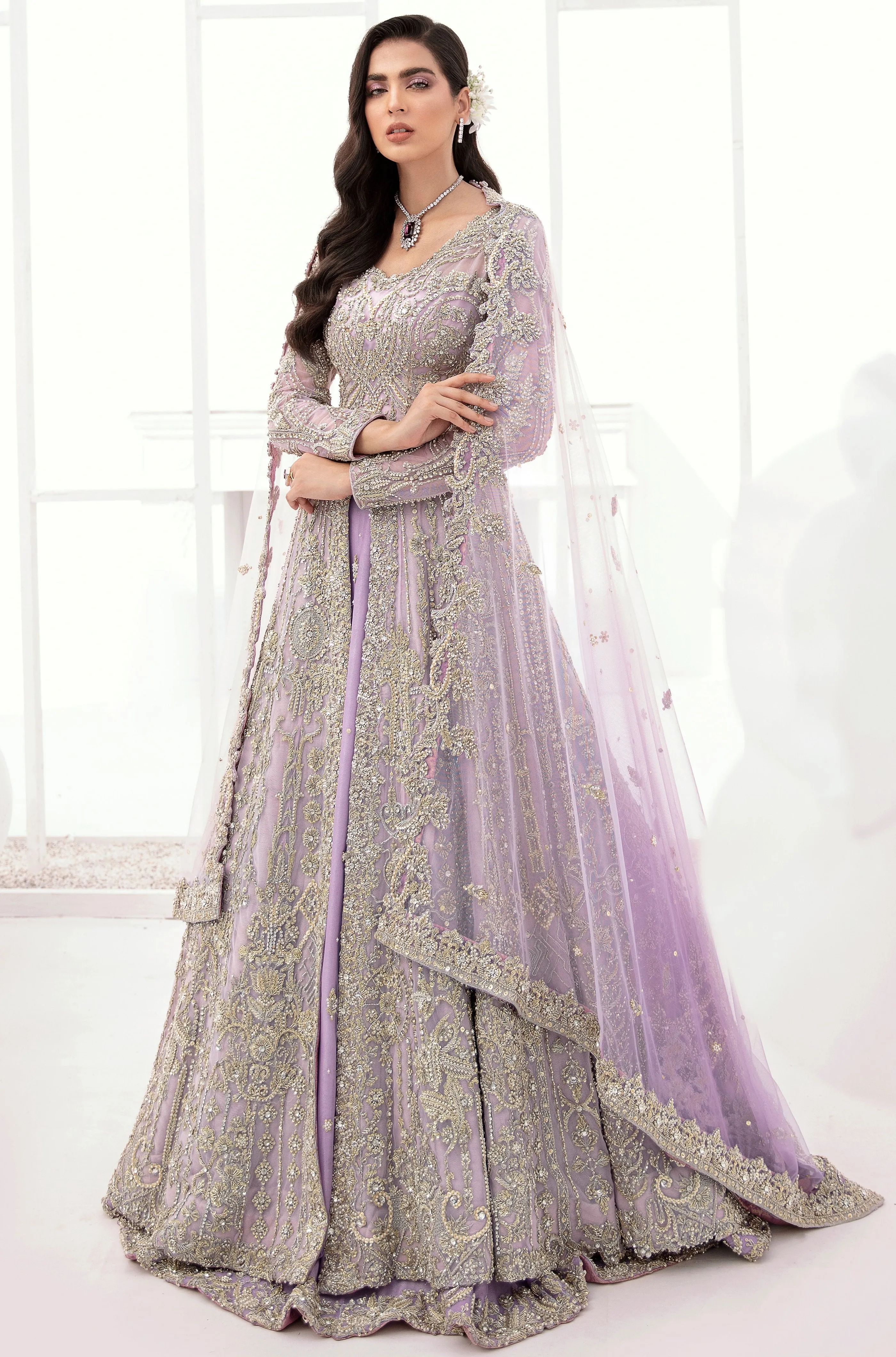Pakistani Bridal Lehenga Designs in Embellished Heavy Zardozi Work for Wedding Wear in Mauve Lehenga with Dupatta #BN941