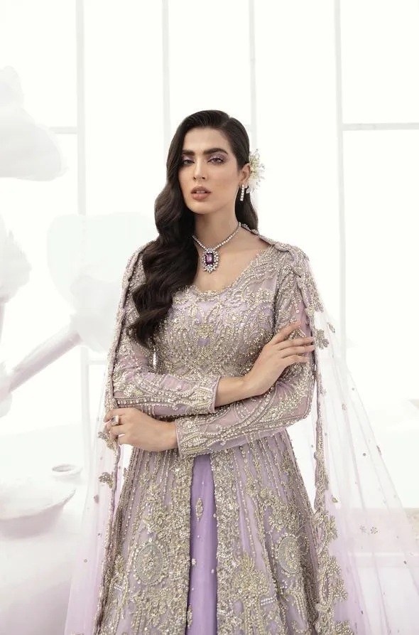 Pakistani Bridal Lehenga Designs in Embellished Heavy Zardozi Work for Wedding Wear in Mauve Lehenga with Dupatta #BN941