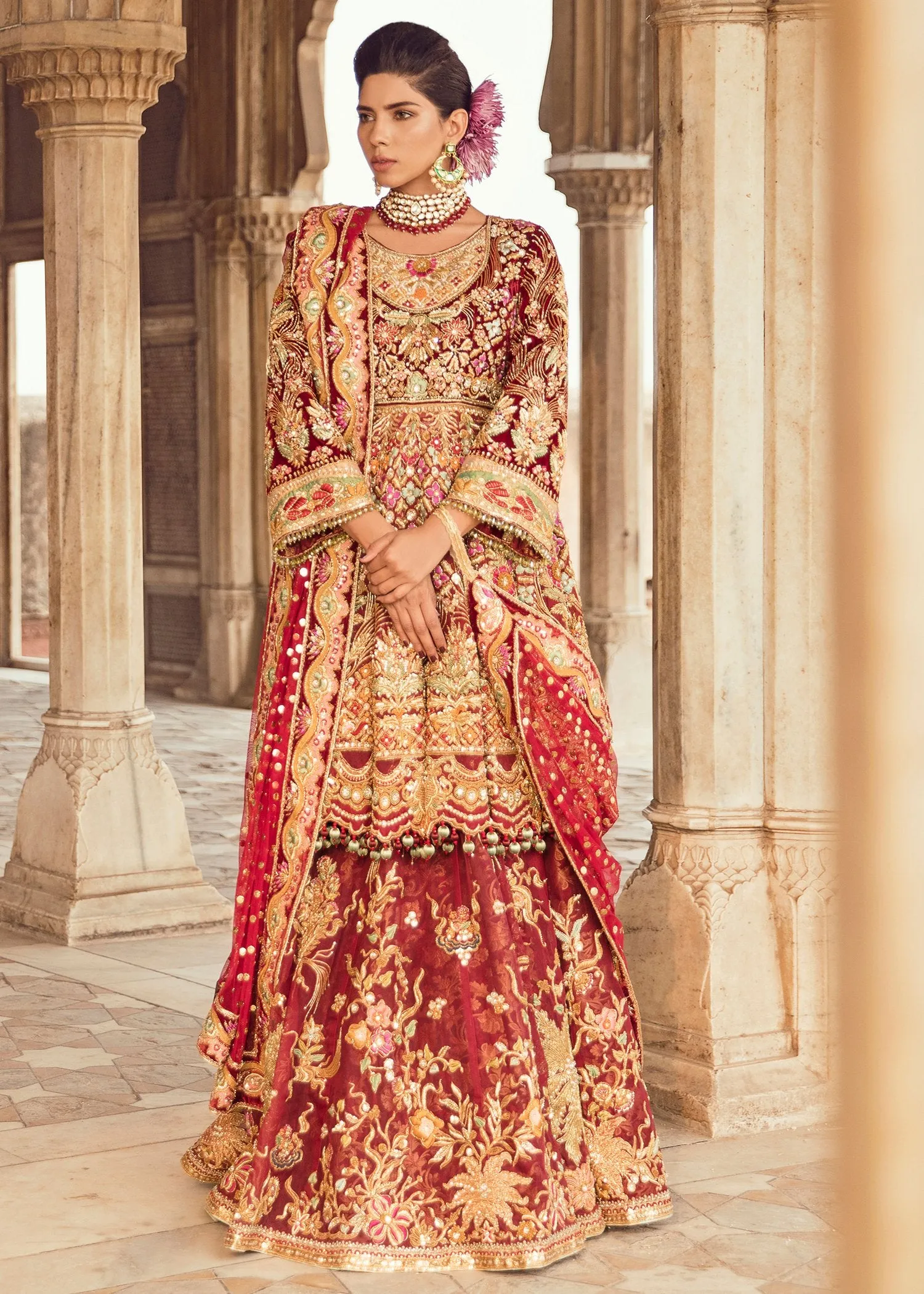 Pakistani Bridal Lehnga for Wedding in Deep Red Color #J5113