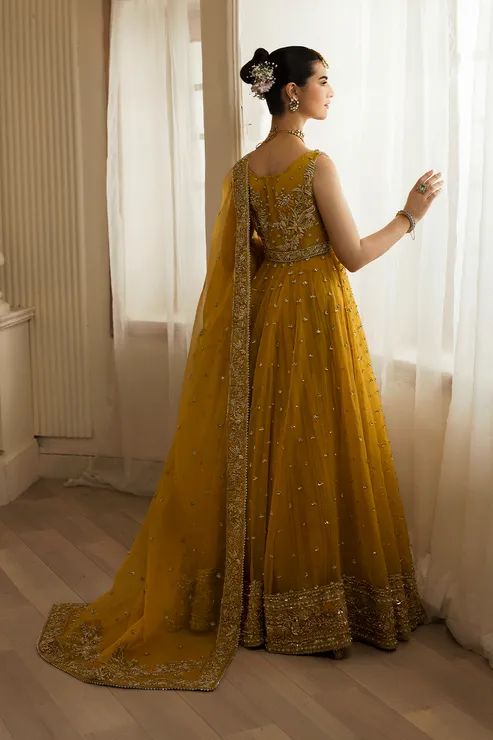 Pakistani Bridal Mehndi Dress in Pishwas Sharara Style