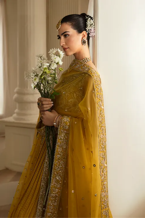Pakistani Bridal Mehndi Dress in Pishwas Sharara Style