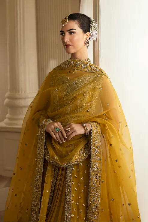 Pakistani Bridal Mehndi Dress in Pishwas Sharara Style