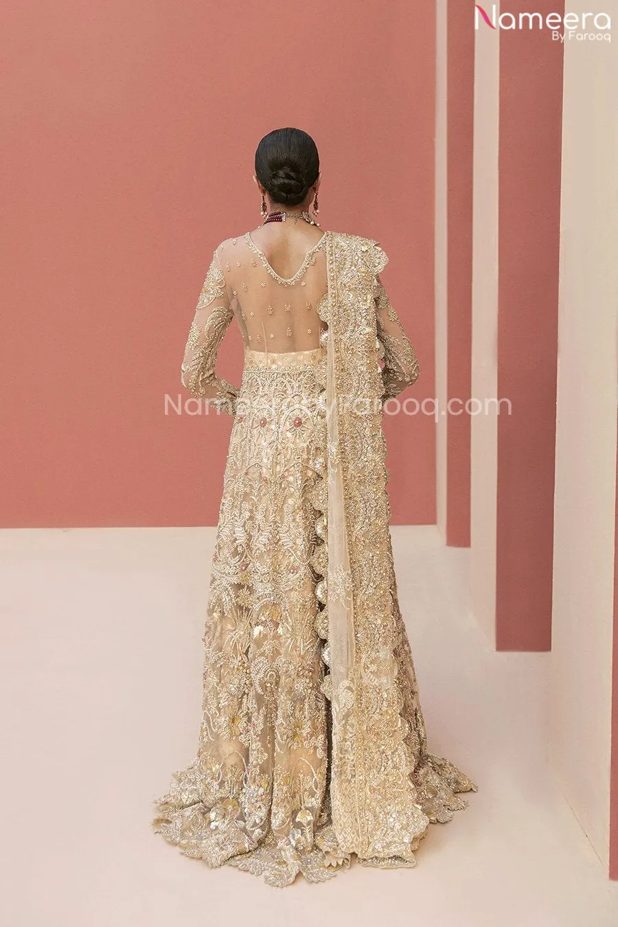 Pakistani Golden Bridal Lehenga in Long Gown #BN991