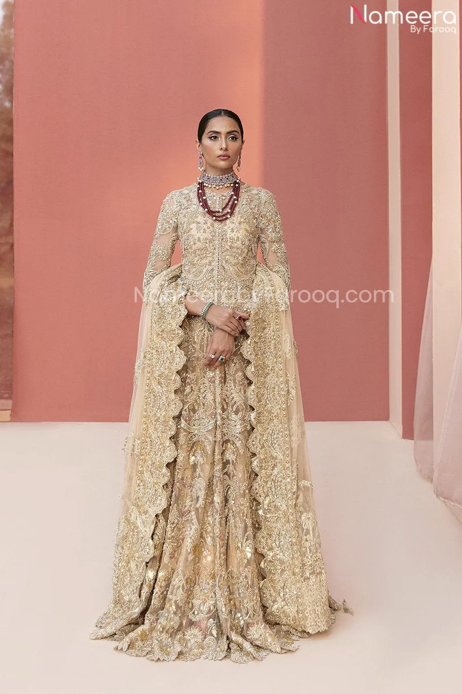 Pakistani Golden Bridal Lehenga in Long Gown #BN991
