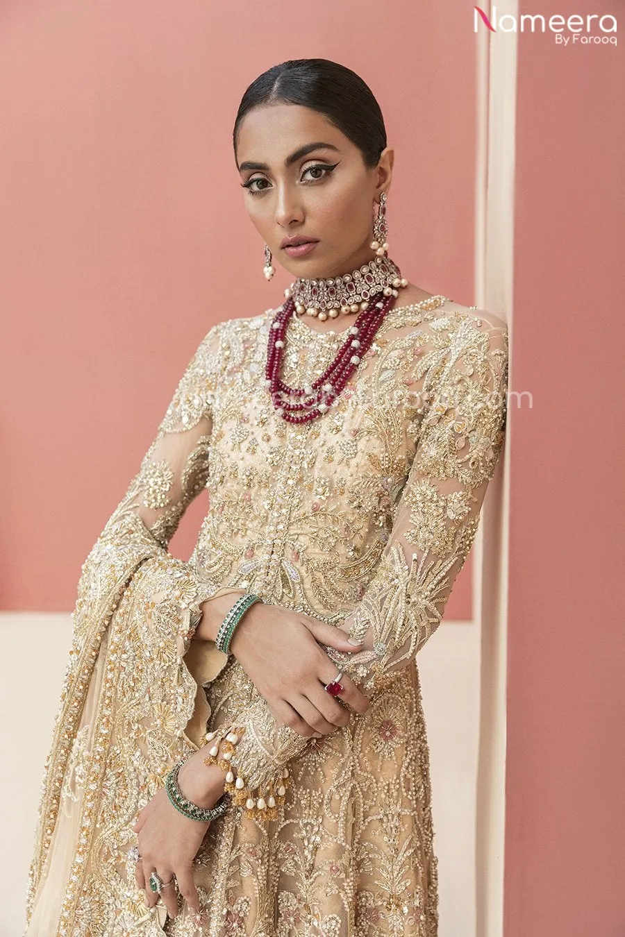 Pakistani Golden Bridal Lehenga in Long Gown #BN991