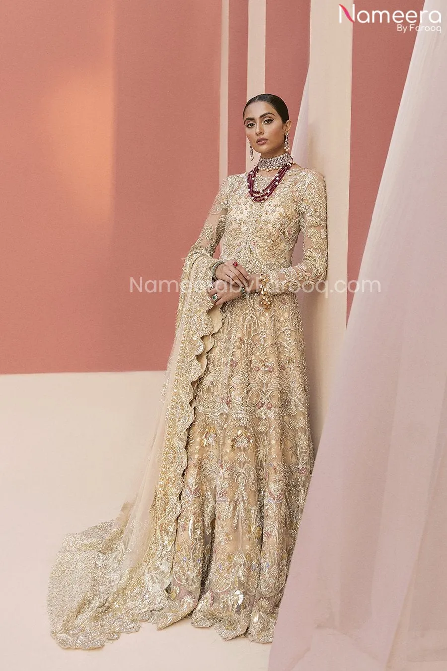 Pakistani Golden Bridal Lehenga in Long Gown #BN991