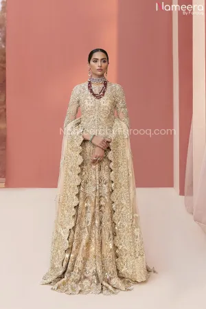 Pakistani Golden Bridal Lehenga in Long Gown #BN991