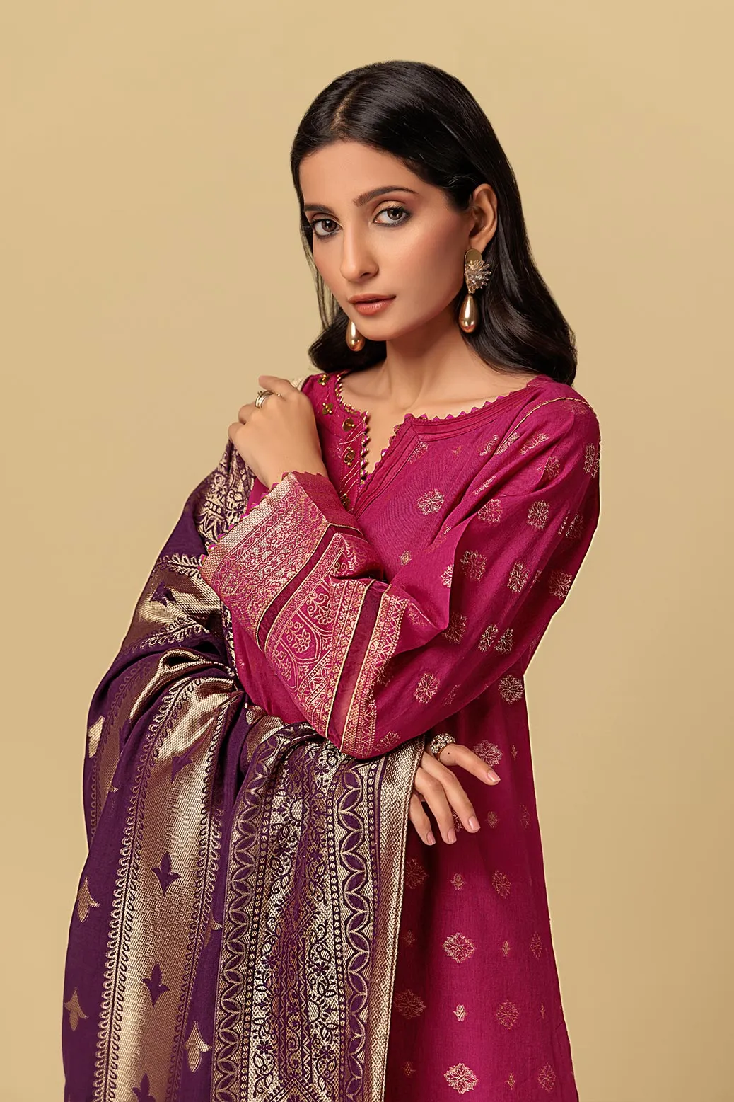 Pakistani Kameez Salwar Suit in Classical Jacquard Pink Lemonade