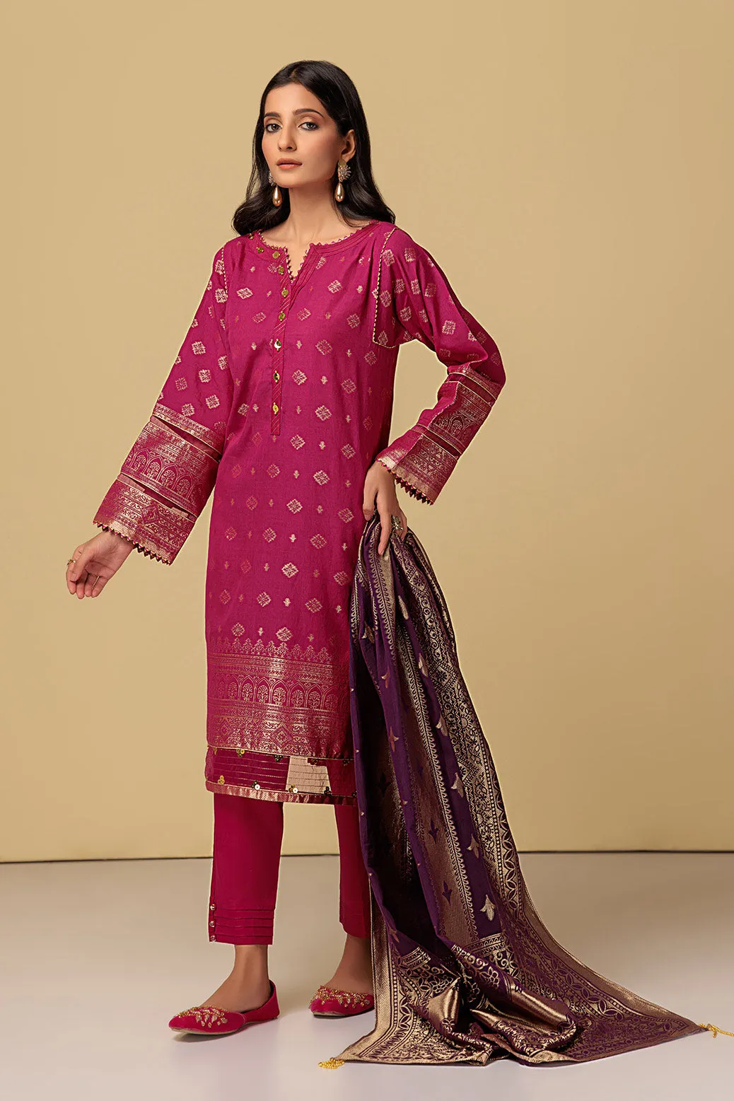 Pakistani Kameez Salwar Suit in Classical Jacquard Pink Lemonade