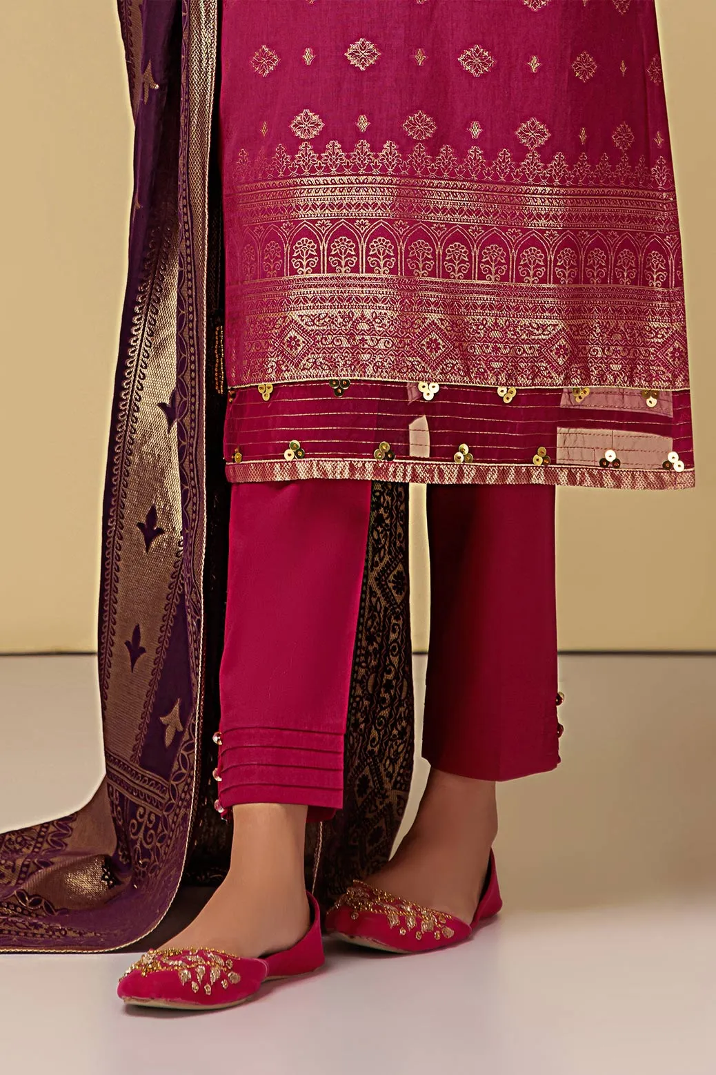 Pakistani Kameez Salwar Suit in Classical Jacquard Pink Lemonade